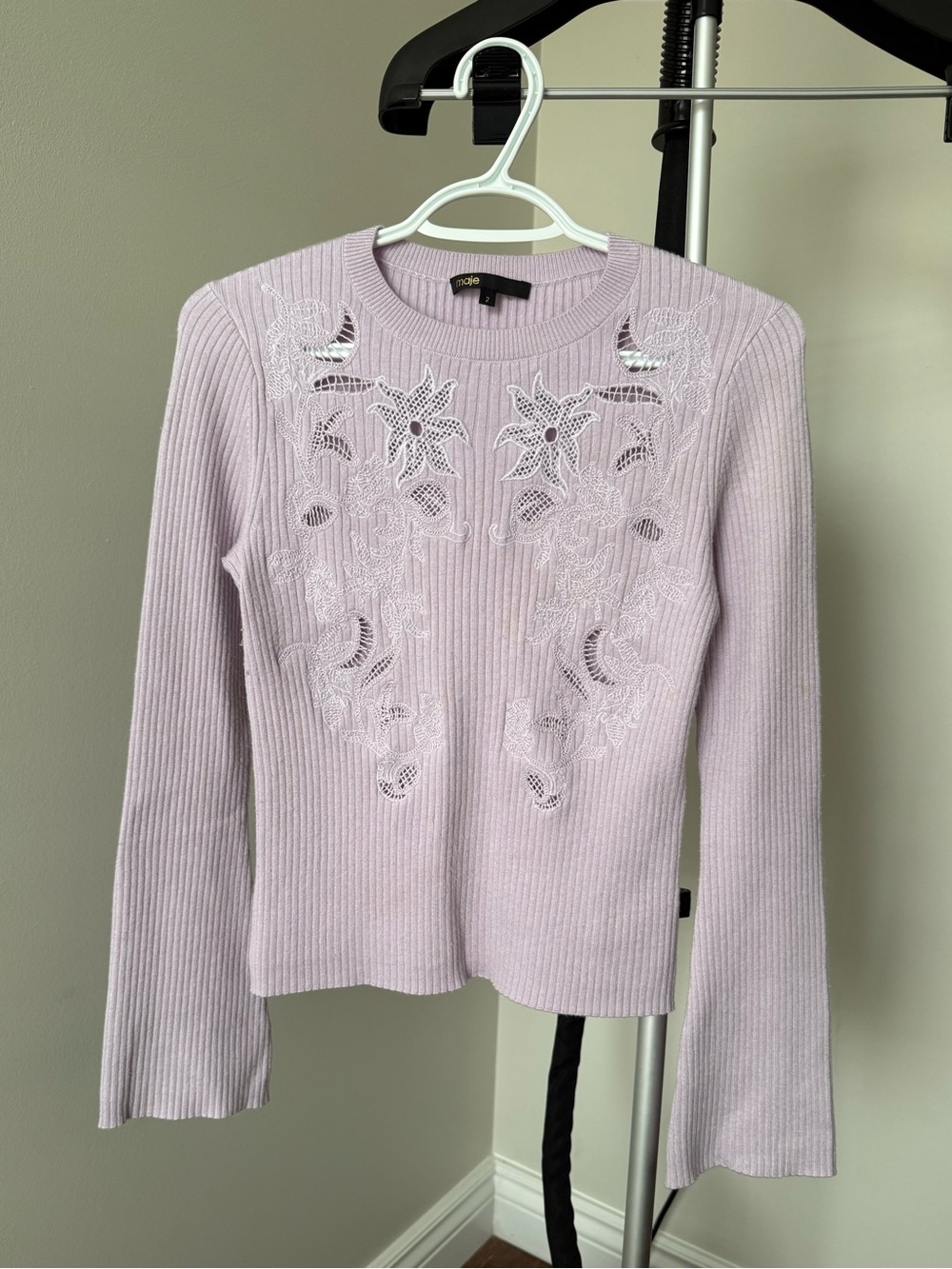 Maje Ribbed Long Sleeve Top with Lace Appliqué, size 2